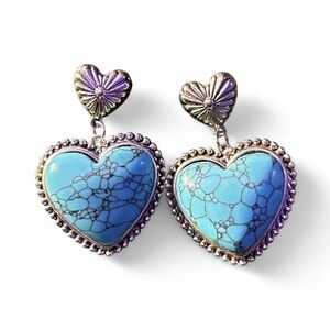 Silver Plated Heart-Shaped Turquoise Dangle Earrings
